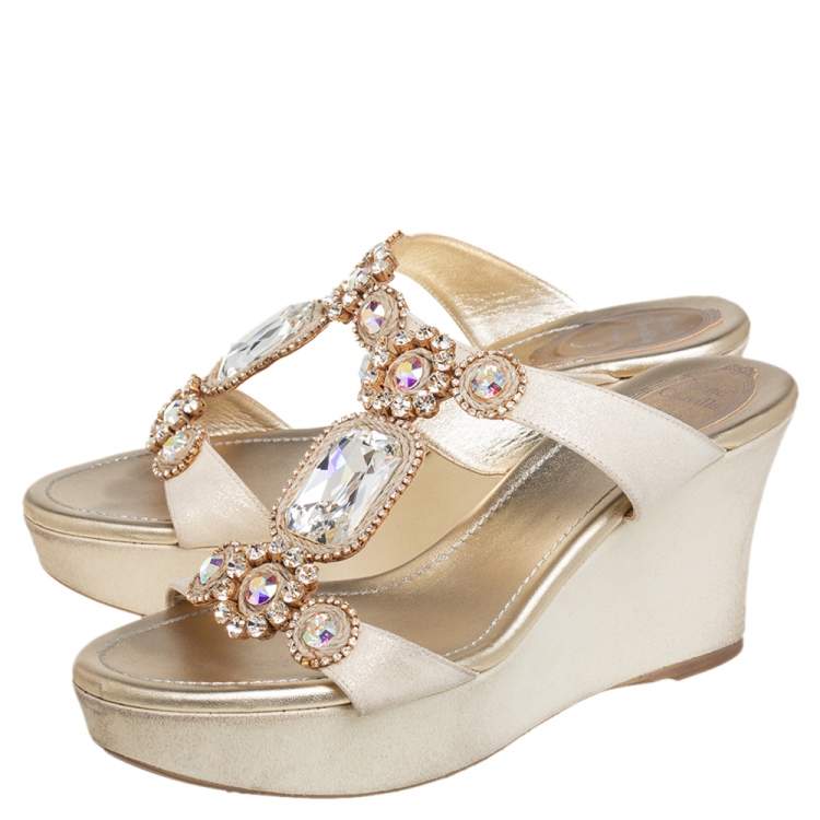 Pre Owned Rene Caovilla Gold Glitter Nubuck Embellished Wedge Platform Slide Sandals Size 37