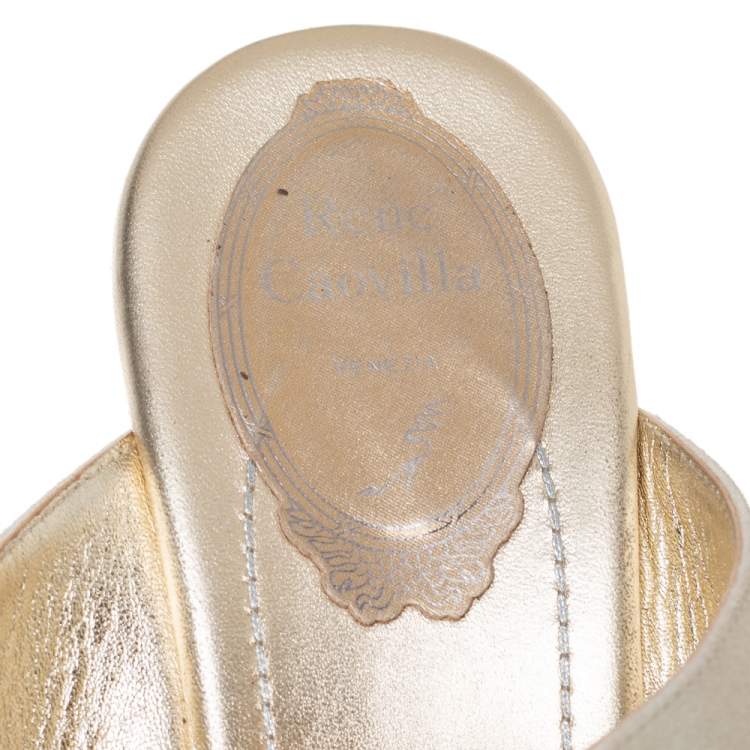Pre Owned Rene Caovilla Gold Glitter Nubuck Embellished Wedge Platform Slide Sandals Size 37