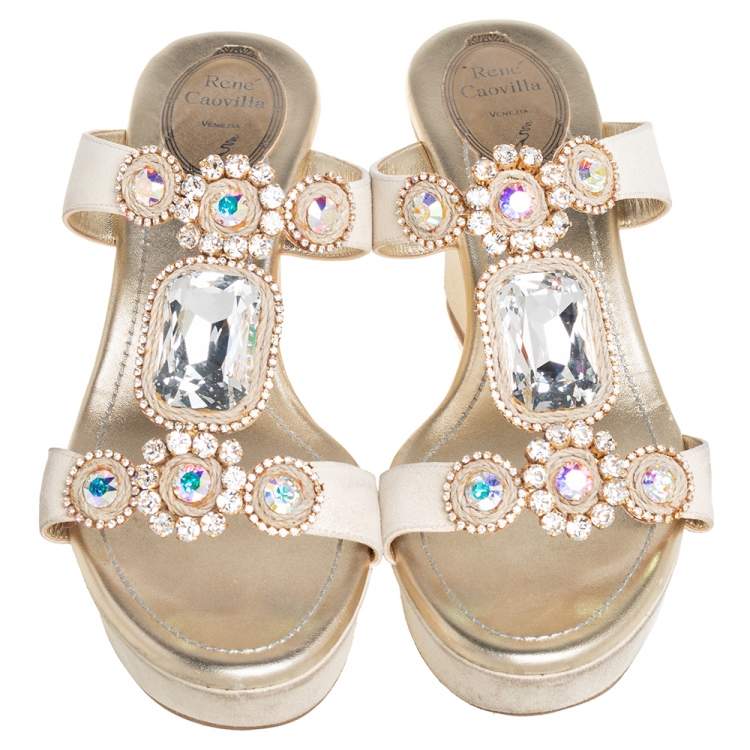 Pre Owned Rene Caovilla Gold Glitter Nubuck Embellished Wedge Platform Slide Sandals Size 37