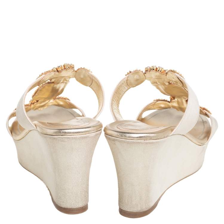 Pre Owned Rene Caovilla Gold Glitter Nubuck Embellished Wedge Platform Slide Sandals Size 37