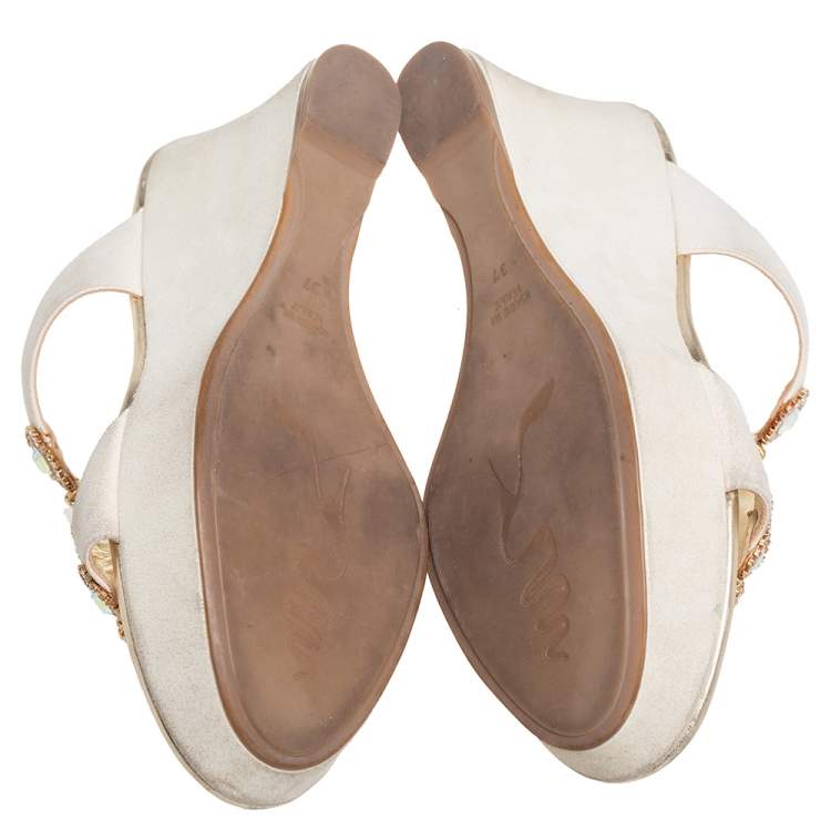 Pre Owned Rene Caovilla Gold Glitter Nubuck Embellished Wedge Platform Slide Sandals Size 37