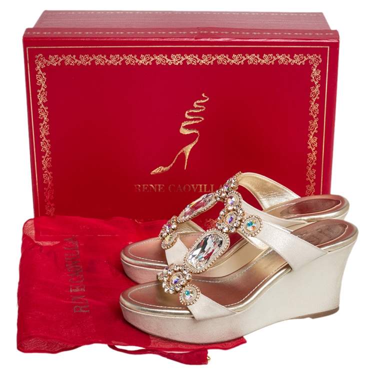 Pre Owned Rene Caovilla Gold Glitter Nubuck Embellished Wedge Platform Slide Sandals Size 37