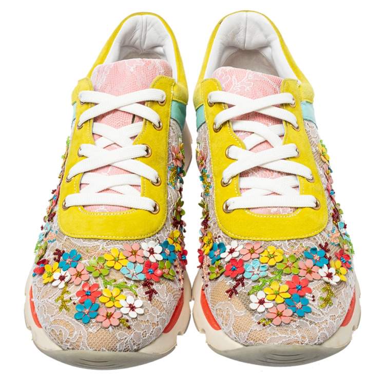 Pre Owned Rene Caovilla Multicolor Lace And Suede Flower Embellished Lace Up Sneakers Size 40
