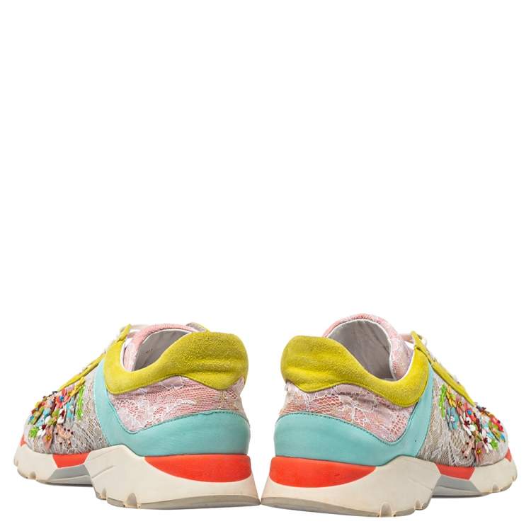 Pre Owned Rene Caovilla Multicolor Lace And Suede Flower Embellished Lace Up Sneakers Size 40