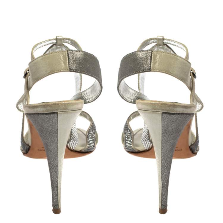 Pre Owned René Caovilla Silver/Grey Embellished Satin And Glitter Nubuck Leather Ankle Strap Sandals Size 39.5