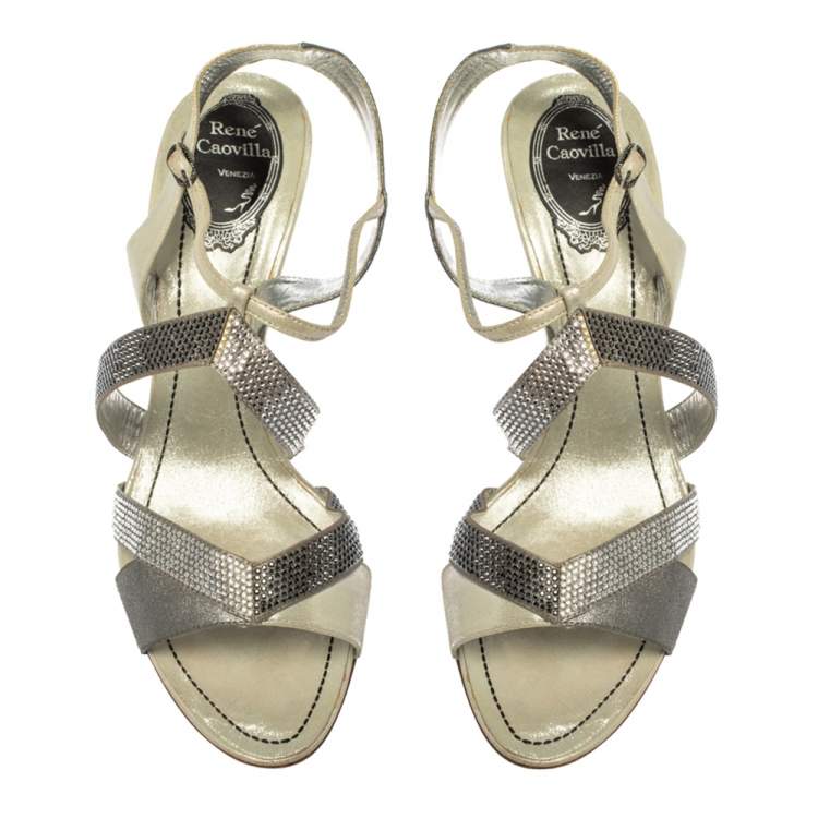 Pre Owned René Caovilla Silver/Grey Embellished Satin And Glitter Nubuck Leather Ankle Strap Sandals Size 39.5