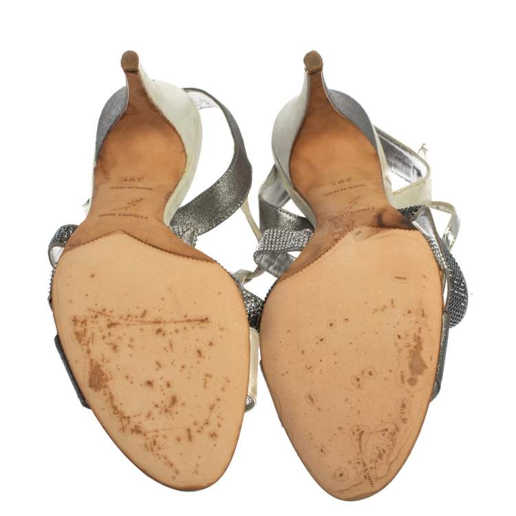 Pre Owned René Caovilla Silver/Grey Embellished Satin And Glitter Nubuck Leather Ankle Strap Sandals Size 39.5