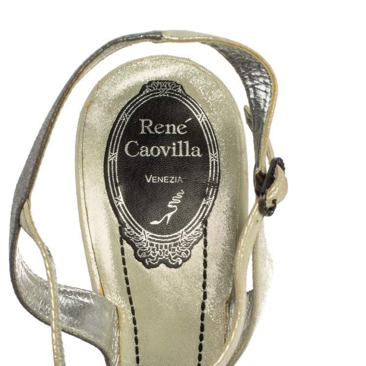 Pre Owned René Caovilla Silver/Grey Embellished Satin And Glitter Nubuck Leather Ankle Strap Sandals Size 39.5