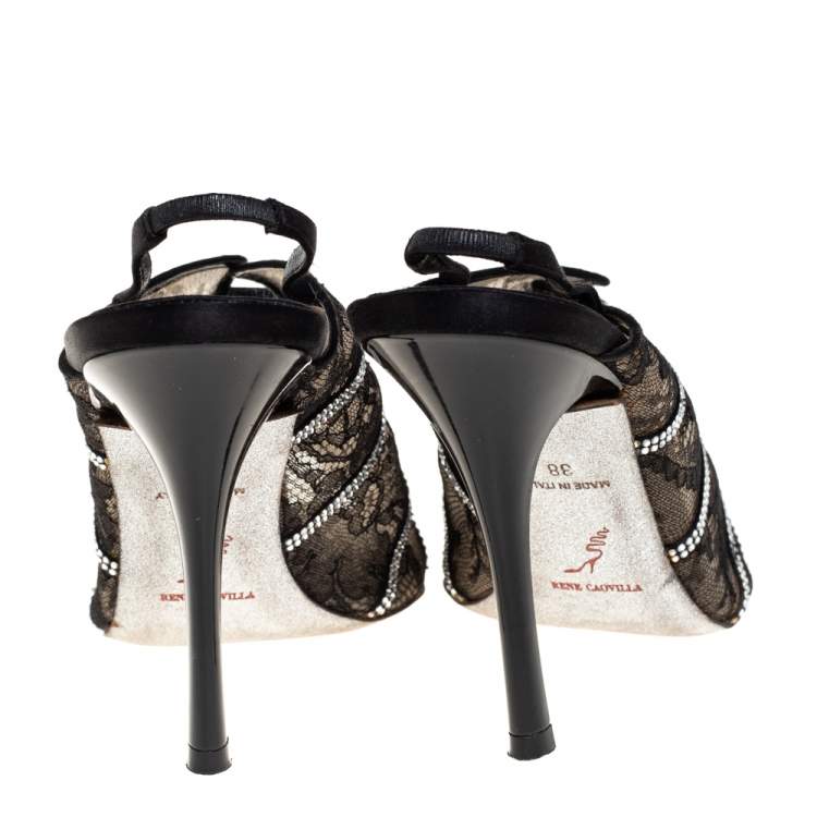 Pre Owned Rene Caovilla Black Lace Crystal Embellished Peep Toe Sandals Size 38