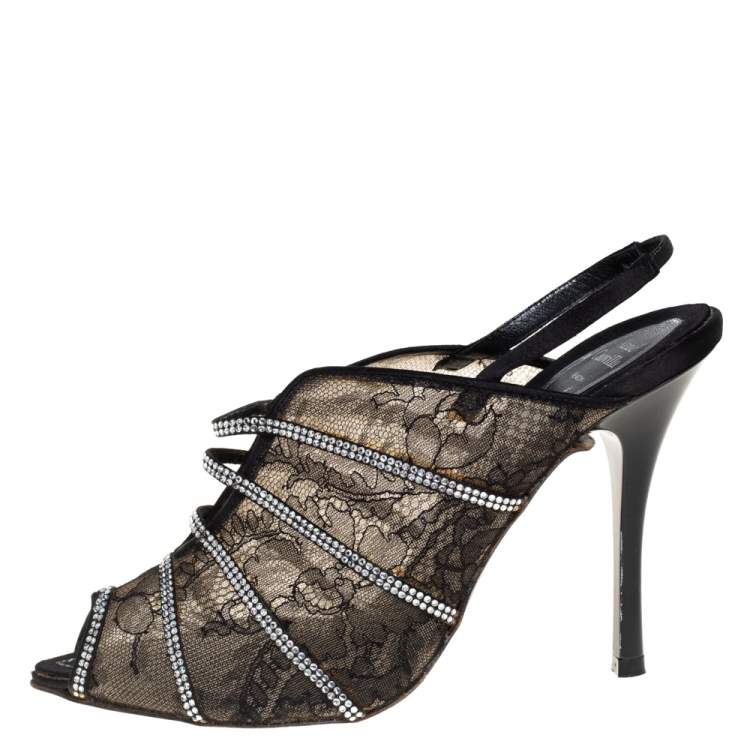 Pre Owned Rene Caovilla Black Lace Crystal Embellished Peep Toe Sandals Size 38