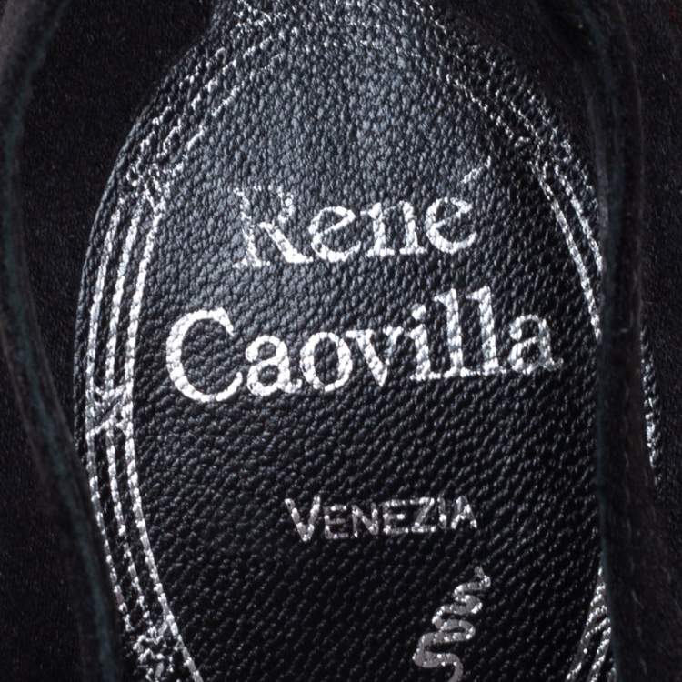 Pre Owned Rene Caovilla Black Lace Crystal Embellished Peep Toe Sandals Size 38