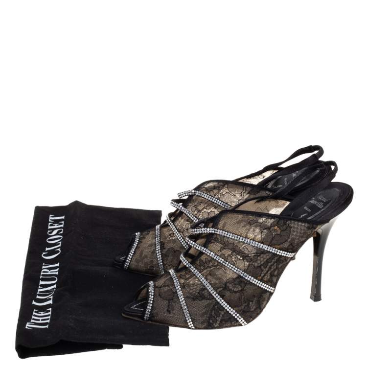 Pre Owned Rene Caovilla Black Lace Crystal Embellished Peep Toe Sandals Size 38