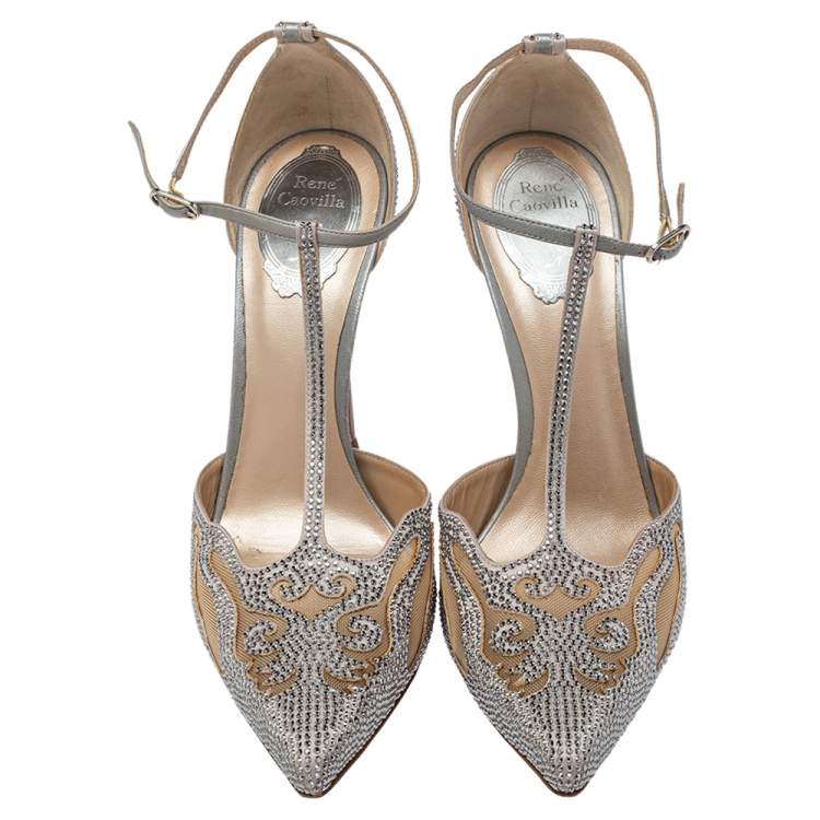 Pre Owned René Caovilla Grey Leather  And Mesh Embellishment T Strap Pumps Size 39