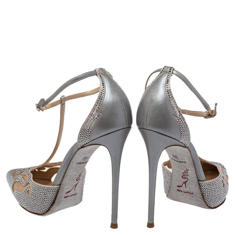 Pre Owned René Caovilla Grey Leather  And Mesh Embellishment T Strap Pumps Size 39
