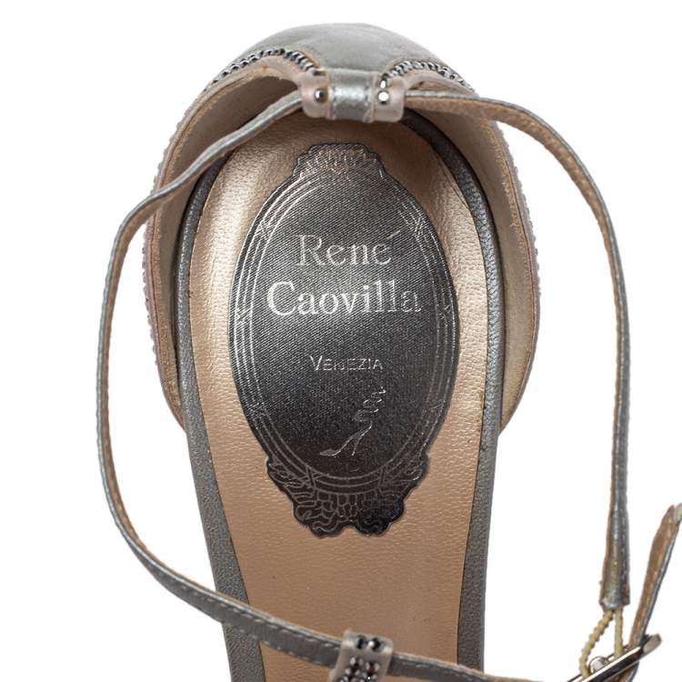 Pre Owned René Caovilla Grey Leather  And Mesh Embellishment T Strap Pumps Size 39