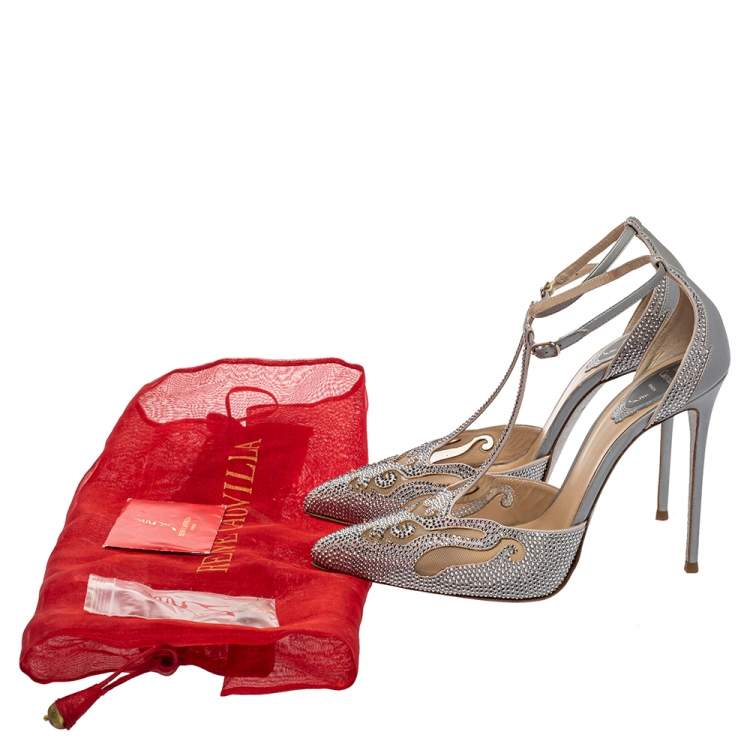 Pre Owned René Caovilla Grey Leather  And Mesh Embellishment T Strap Pumps Size 39