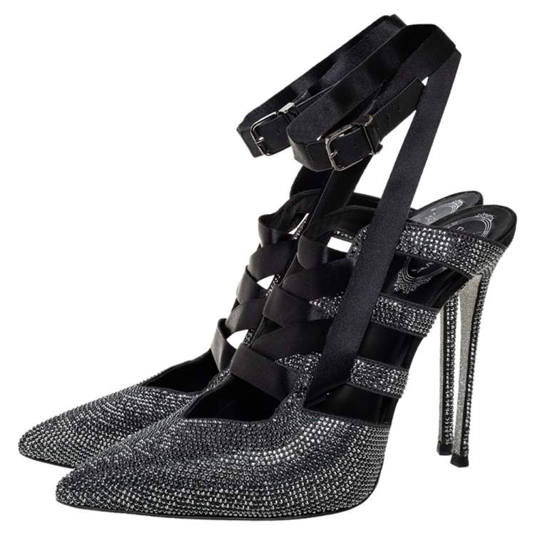 Pre Owned Rene Caovilla Black Crystal Embellished Satin Ankle Wrap Mules Size 39.5