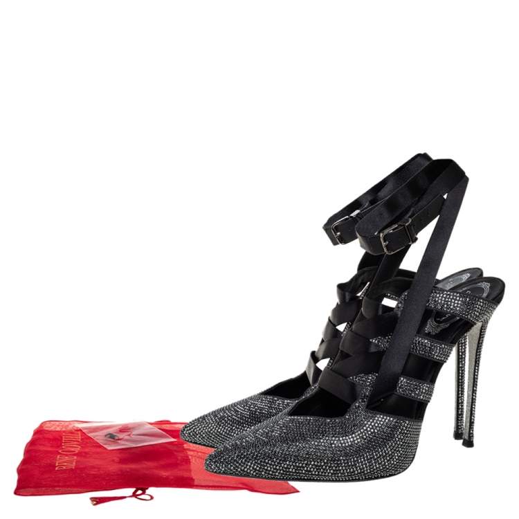 Pre Owned Rene Caovilla Black Crystal Embellished Satin Ankle Wrap Mules Size 39.5
