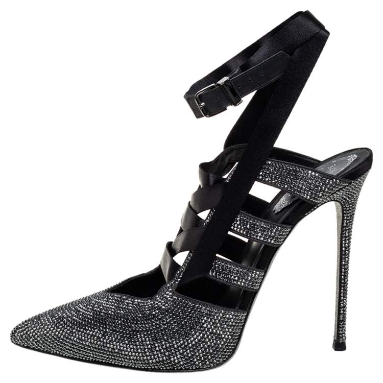 Pre Owned Rene Caovilla Black Crystal Embellished Satin Ankle Wrap Mules Size 39.5