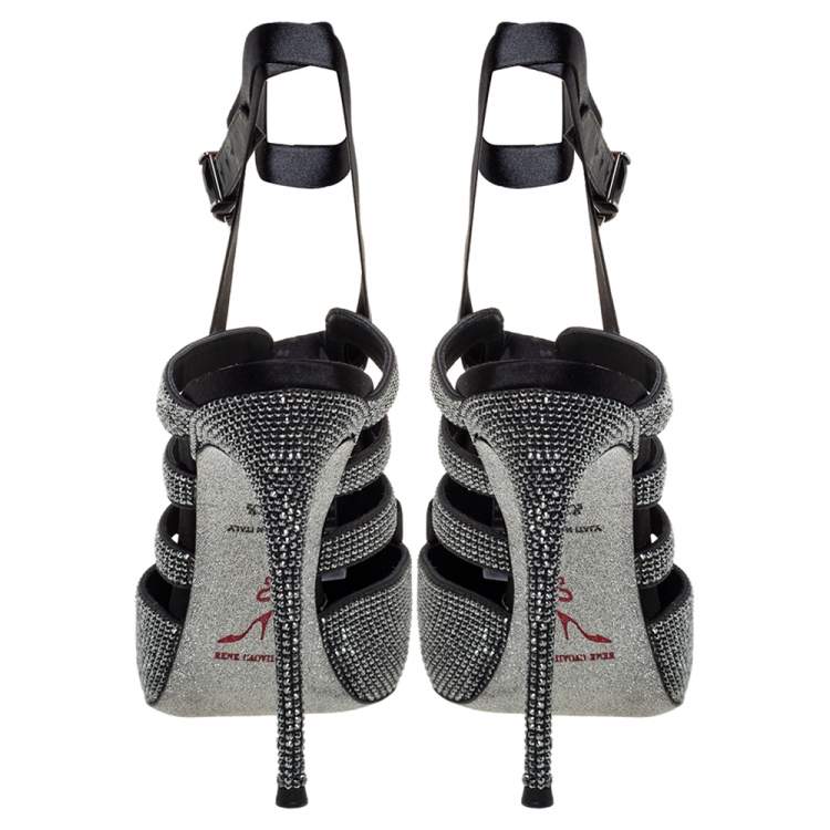 Pre Owned Rene Caovilla Black Crystal Embellished Satin Ankle Wrap Mules Size 39.5