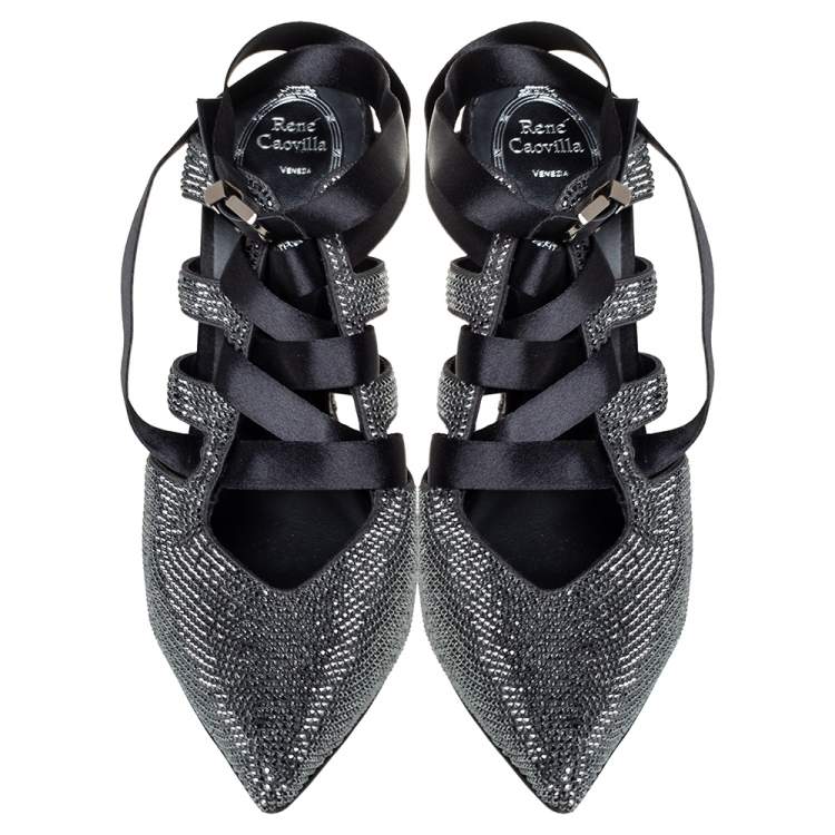 Pre Owned Rene Caovilla Black Crystal Embellished Satin Ankle Wrap Mules Size 39.5