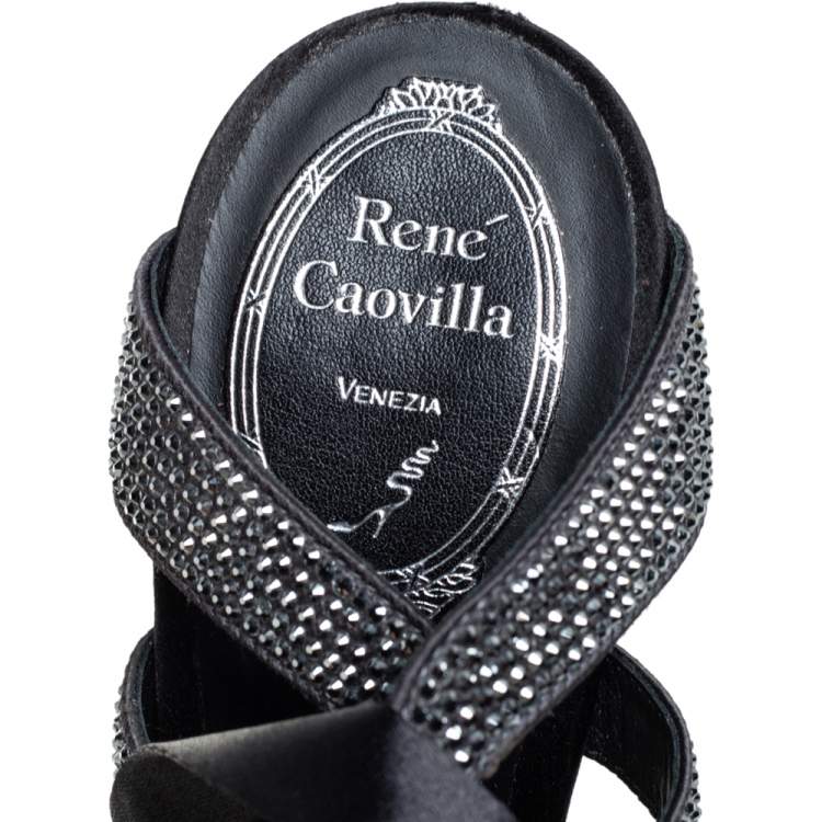 Pre Owned Rene Caovilla Black Crystal Embellished Satin Ankle Wrap Mules Size 39.5