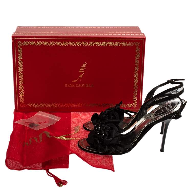 Pre Owned René Caovilla Black Satin Embellished Sandals Size 36.5