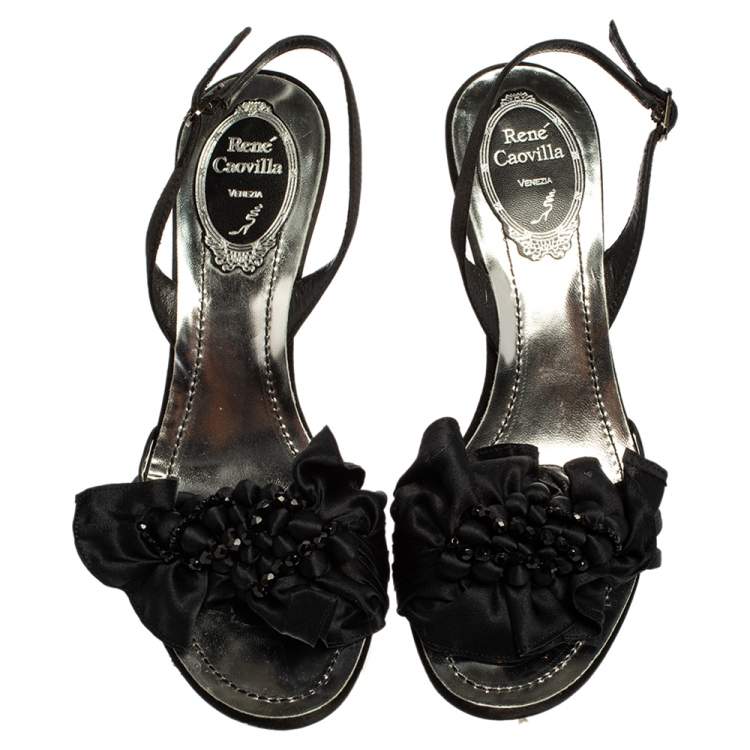 Pre Owned René Caovilla Black Satin Embellished Sandals Size 36.5