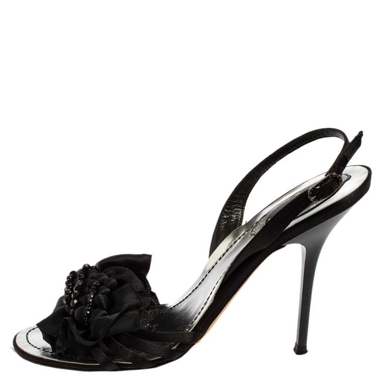Pre Owned René Caovilla Black Satin Embellished Sandals Size 36.5