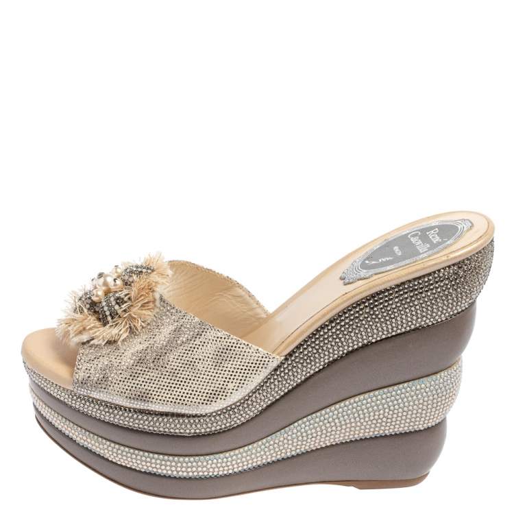 Pre Owned René Caovilla Silver Textured Leather Embellished Wedge Platform Slide Sandals Size 36