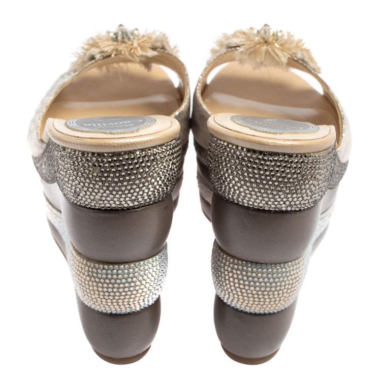 Pre Owned René Caovilla Silver Textured Leather Embellished Wedge Platform Slide Sandals Size 36