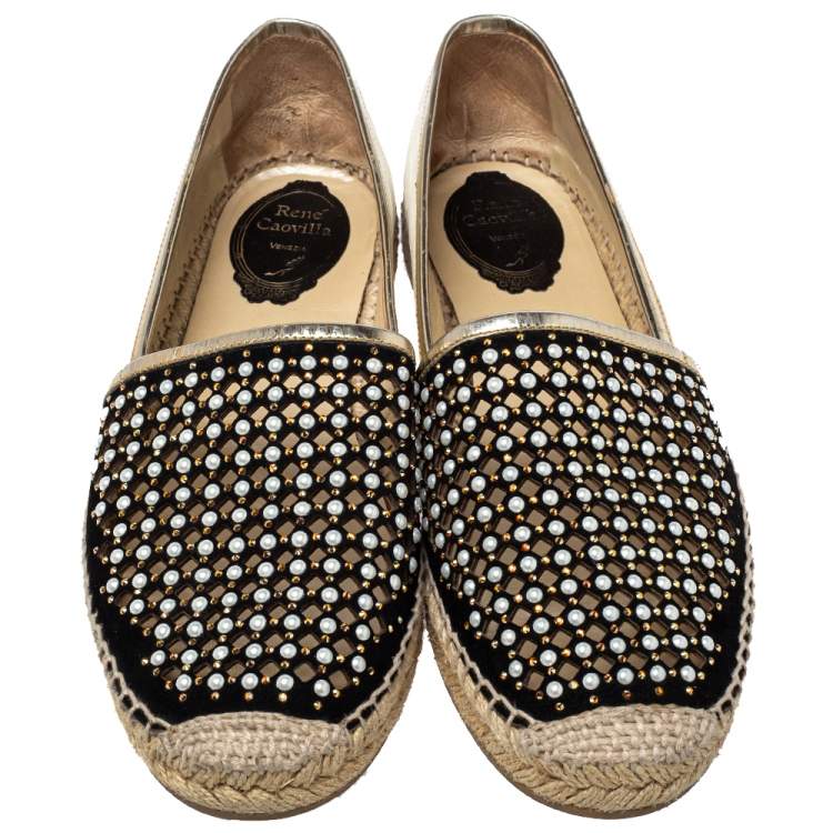 Pre Owned René Caovilla Black Leather And Suede Espadrille Flats Size 40