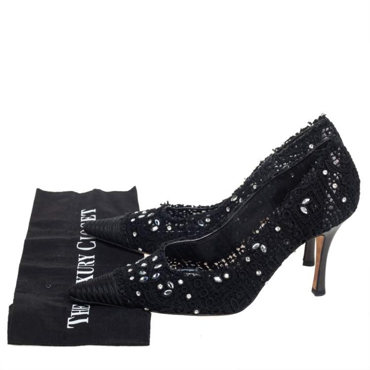 Pre Owned René Caovilla Black Lace And Canvas Crystal Embellished Pumps Size 40