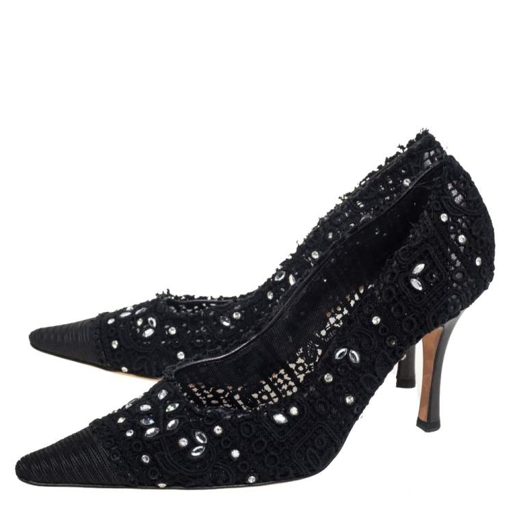 Pre Owned René Caovilla Black Lace And Canvas Crystal Embellished Pumps Size 40