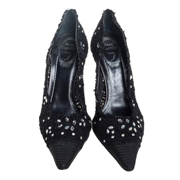 Pre Owned René Caovilla Black Lace And Canvas Crystal Embellished Pumps Size 40