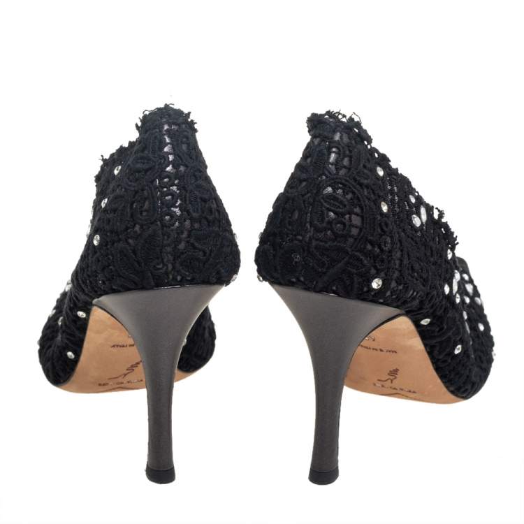 Pre Owned René Caovilla Black Lace And Canvas Crystal Embellished Pumps Size 40