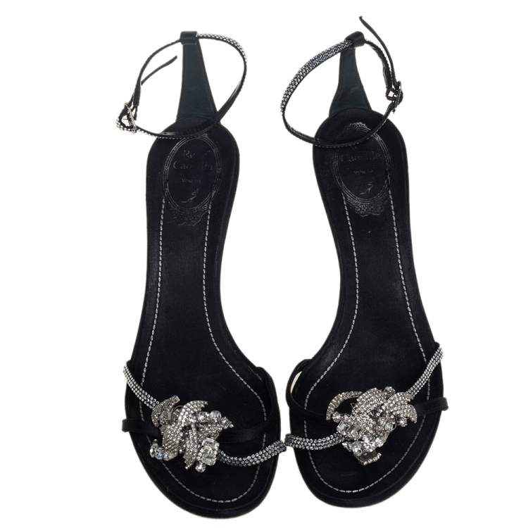 Pre Owned René Caovilla Black Satin And Crystal Embellished Sandals Size 40
