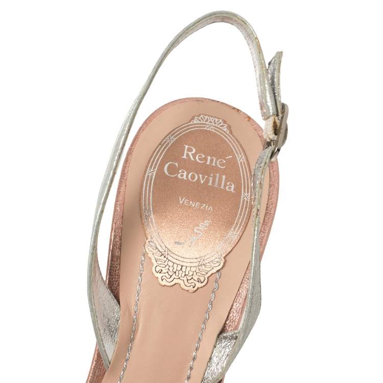 Pre Owned René Caovilla Silver Crystal Embellished Lace And Leather Slingback Sandals Size 38.5