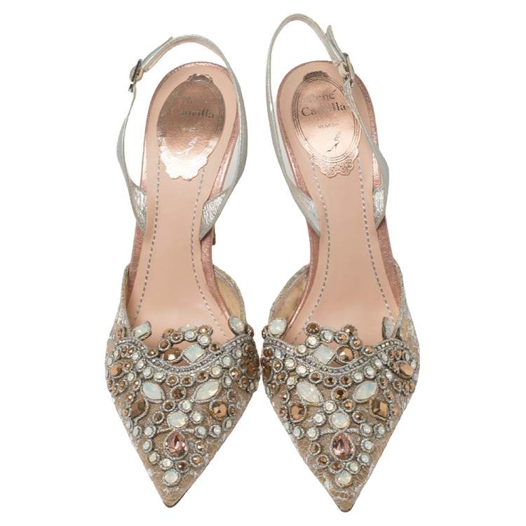Pre Owned René Caovilla Silver Crystal Embellished Lace And Leather Slingback Sandals Size 38.5