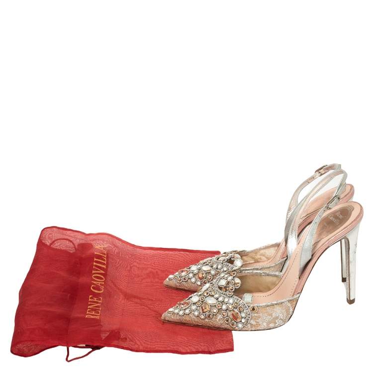 Pre Owned René Caovilla Silver Crystal Embellished Lace And Leather Slingback Sandals Size 38.5