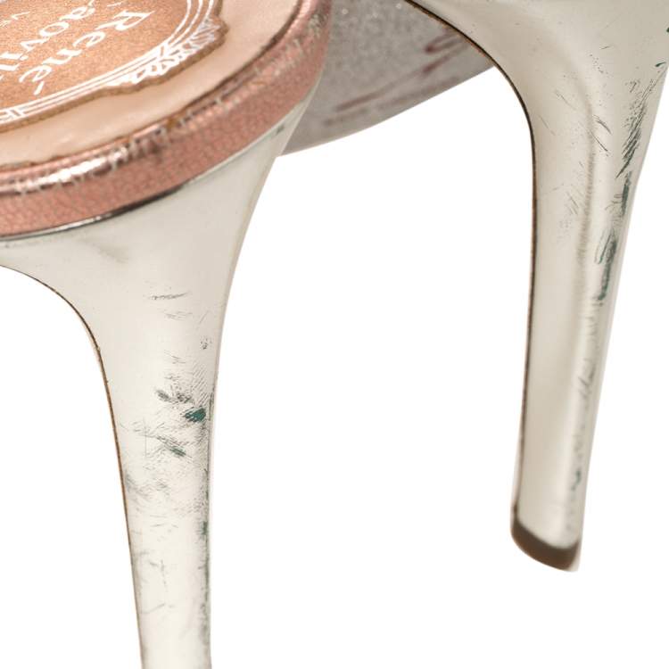 Pre Owned René Caovilla Silver Crystal Embellished Lace And Leather Slingback Sandals Size 38.5