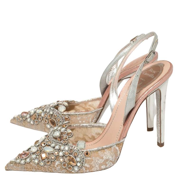Pre Owned René Caovilla Silver Crystal Embellished Lace And Leather Slingback Sandals Size 38.5