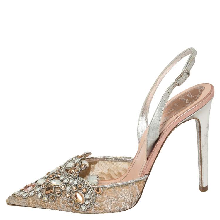 Pre Owned René Caovilla Silver Crystal Embellished Lace And Leather Slingback Sandals Size 38.5