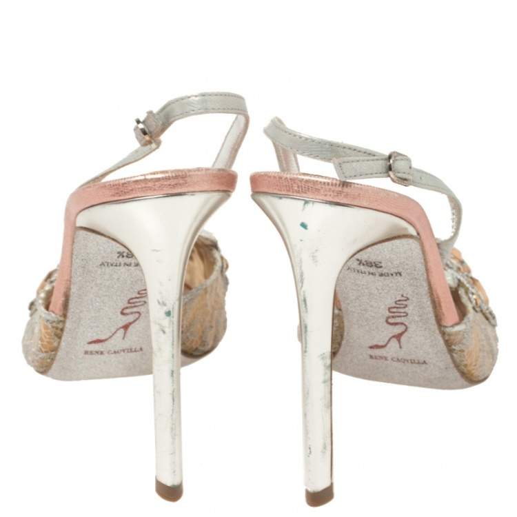 Pre Owned René Caovilla Silver Crystal Embellished Lace And Leather Slingback Sandals Size 38.5