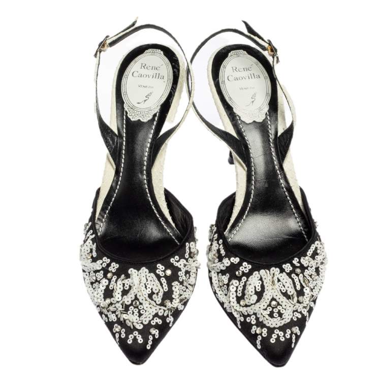 Pre Owned René Caovilla Black Satin And Python Sequin Embellished Pointed Toe Slingback Sandals Size 38.5