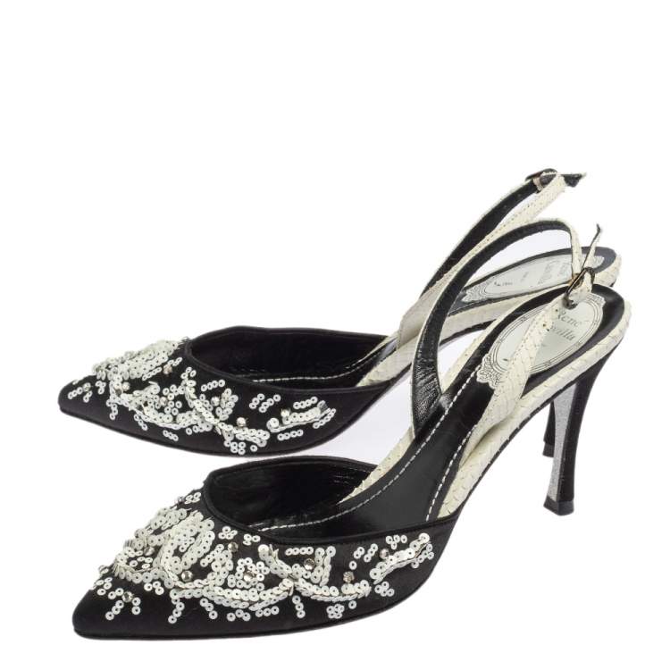 Pre Owned René Caovilla Black Satin And Python Sequin Embellished Pointed Toe Slingback Sandals Size 38.5