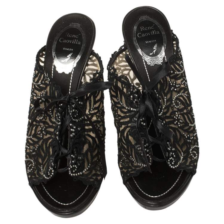 Pre Owned René Caovilla Black Lace Crystal Embellished Slide Sandals Size 38.5