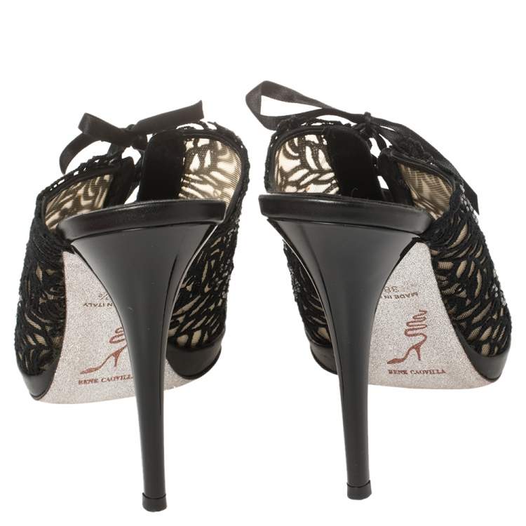 Pre Owned René Caovilla Black Lace Crystal Embellished Slide Sandals Size 38.5