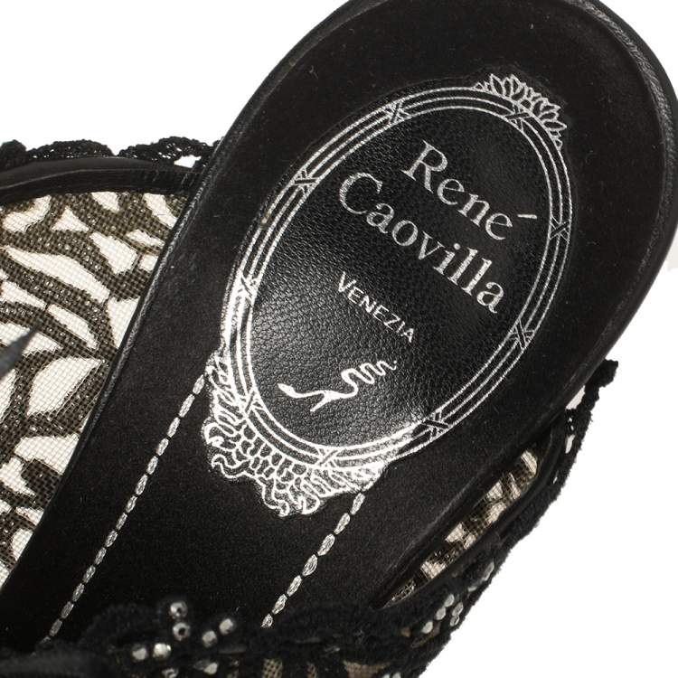 Pre Owned René Caovilla Black Lace Crystal Embellished Slide Sandals Size 38.5
