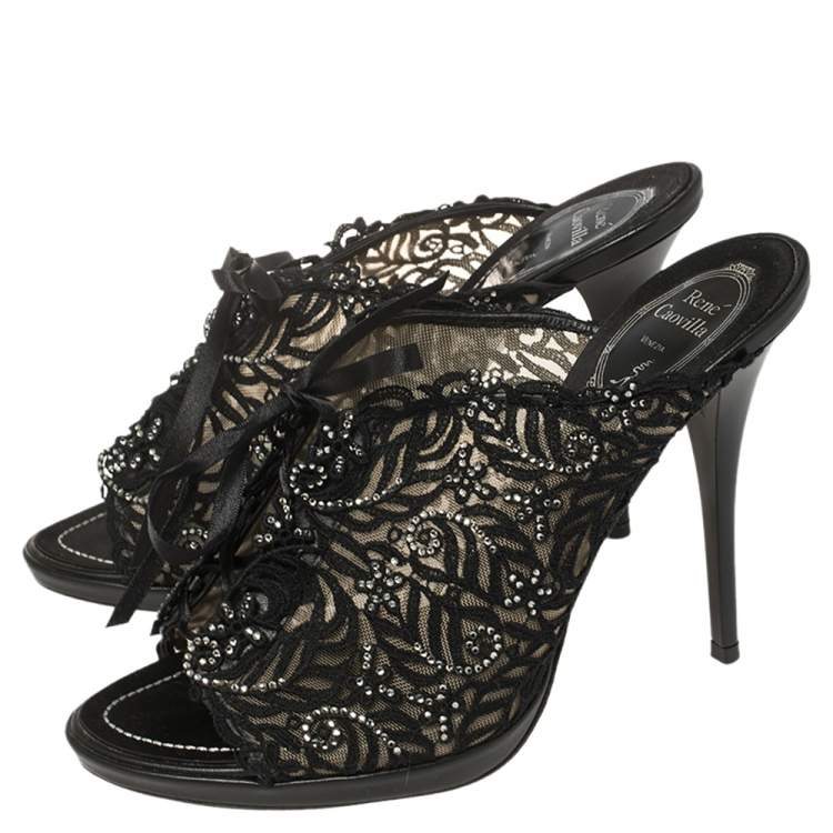 Pre Owned René Caovilla Black Lace Crystal Embellished Slide Sandals Size 38.5